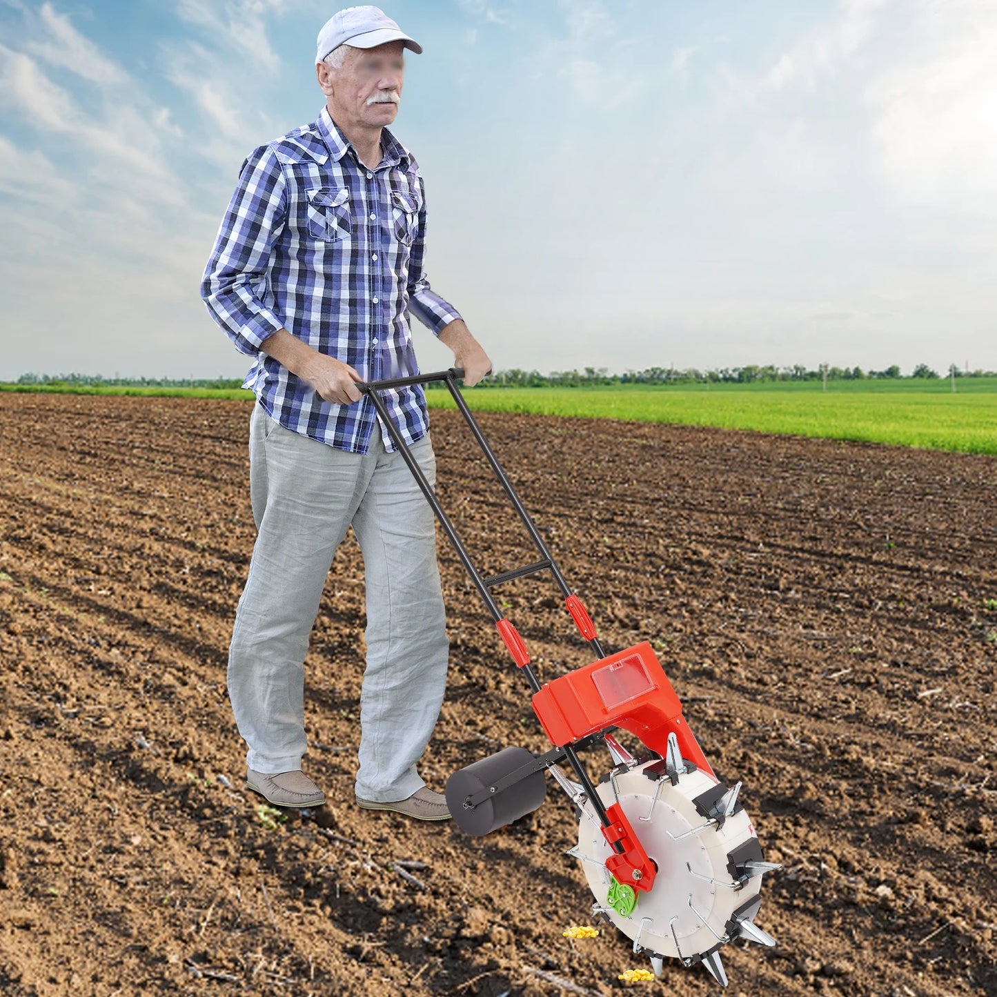 10-Row Push Seeder for Corn Beans Adjustable Depth 1.38-3.07in 8.27lb Hopper Garden Planting Machine with 3 Wheels