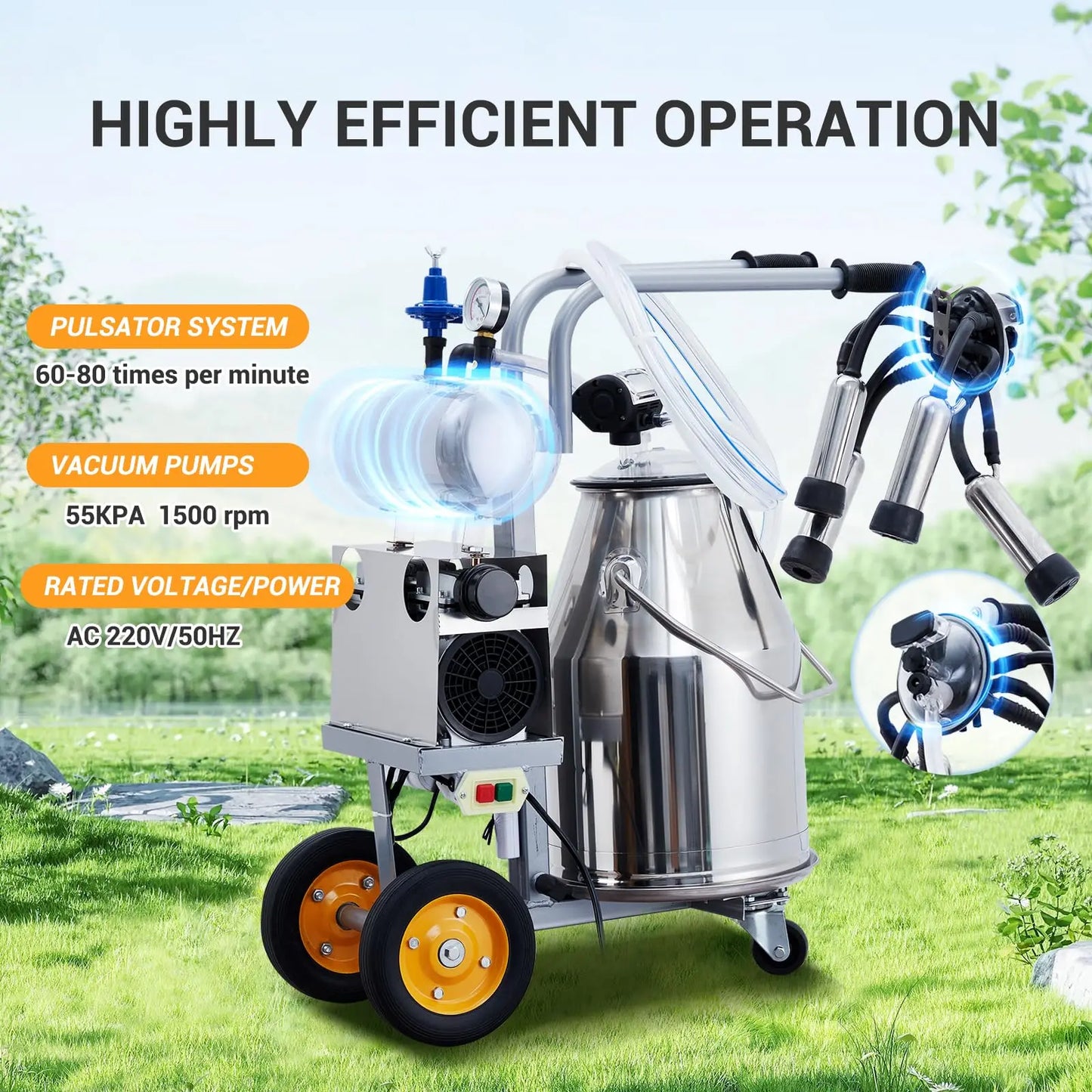 Electric Cow Milking Machine For Dairy Farms, Electric Milker Machine With 25L Portable Stainless Steel Bucket,5-8 Cows Per Hour