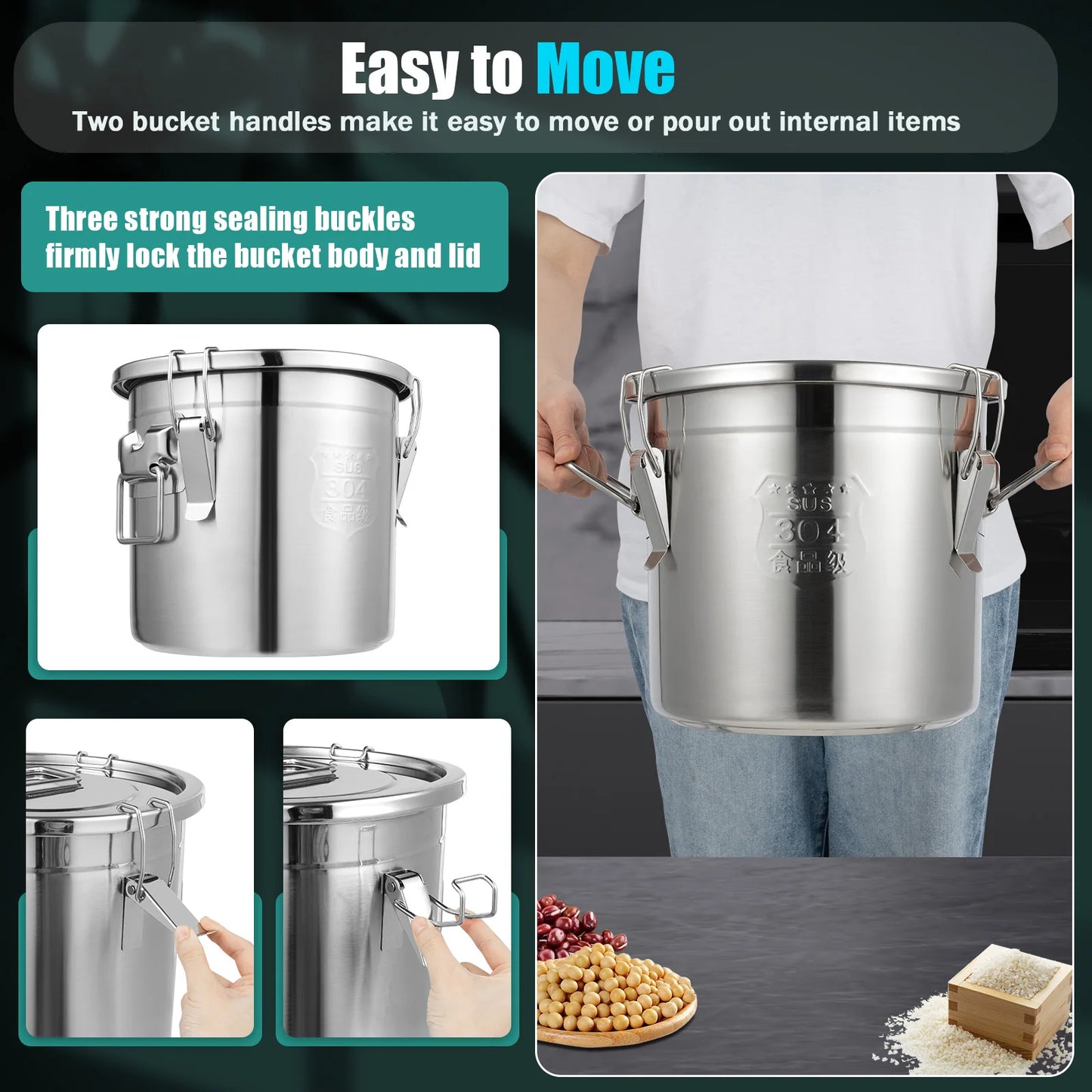 6/12/21/33L Stainless Steel Storage Bucket With Lids and 3 Sturdy Locking Clamp Storing Various Dry/Wet Items
