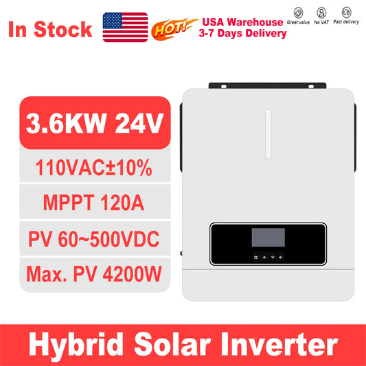 3600W Hybrid Solar Inverter 24V DC to 110V AC Pure Sine Wave With 120A MPPT Charge Controller PV 60-500V Solar & Generator Input