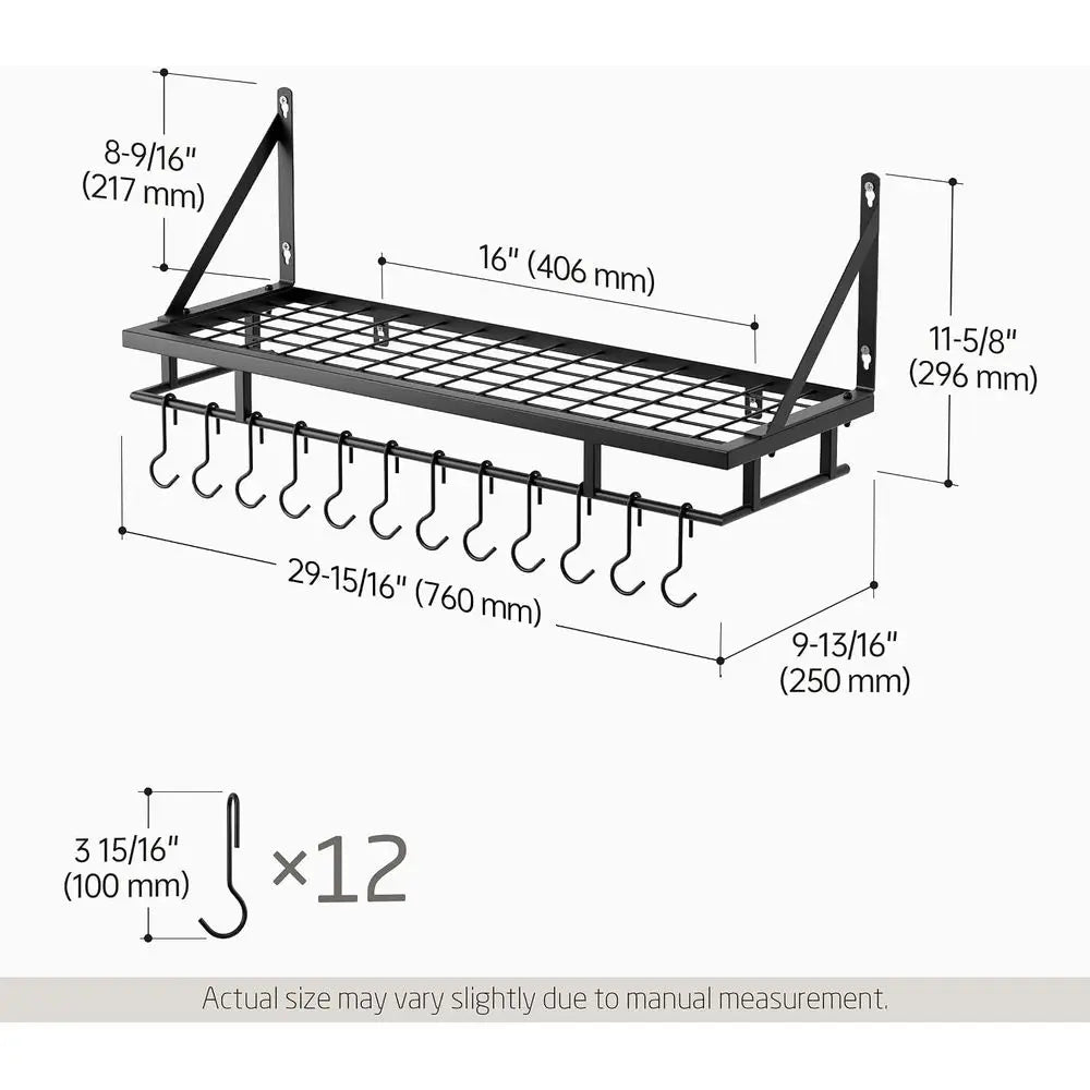 30-Inch Kitchen Pan Pot Rack Wall Mounted, Hanging Storage Organizer | 88 Lbs Capacity, Wall Shel with 12 Sturdy Hooks, 16-Inch