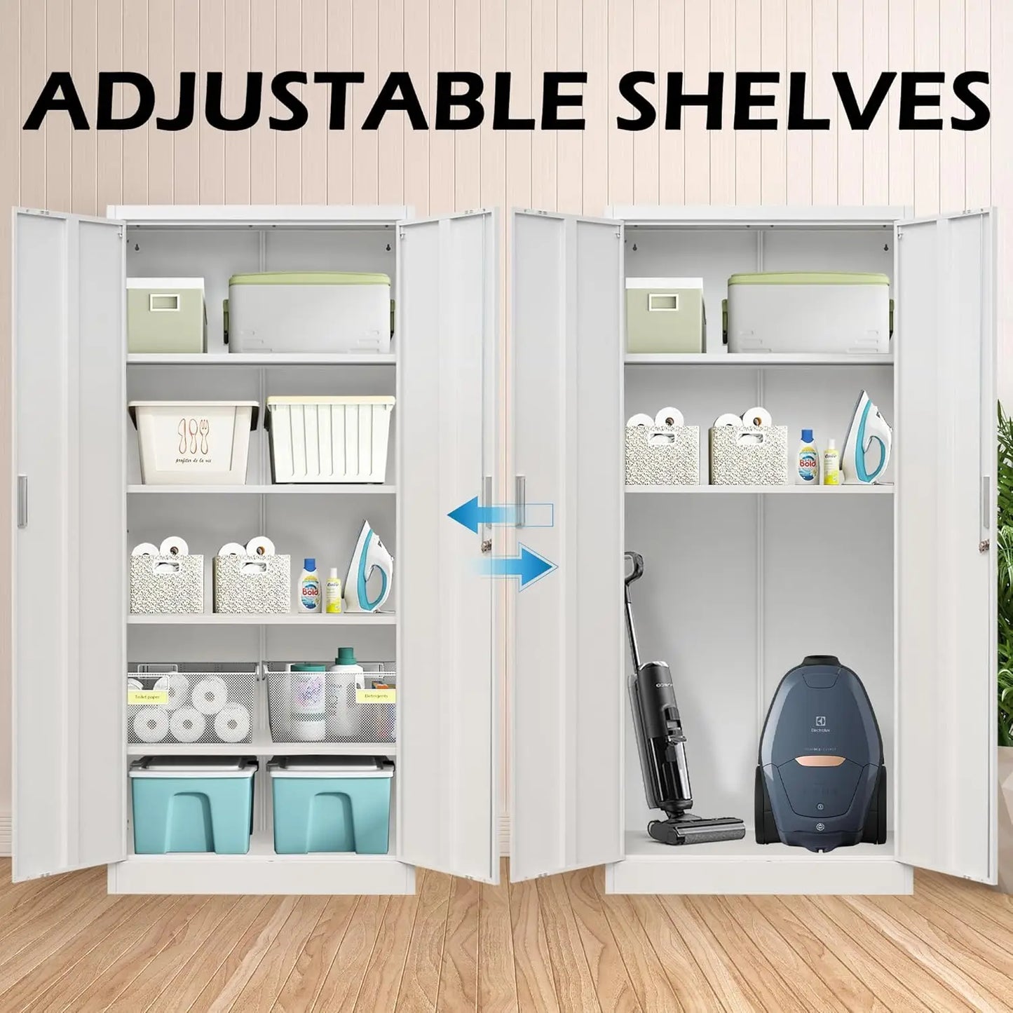 Metal Storage Cabinet, 71”H Locking Storage Cabinet with 5 Adjustable Shelves, Steel Cabinets for Garage, Pantry (White)