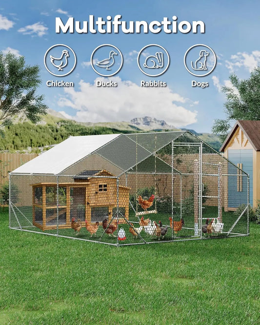Chicken Coop Large Metal Chicken Run Walk-in Poultry Cage Pen w/ Anti-UV and Waterproof Cover for Duck Rabbits Yard Outdoor Farm