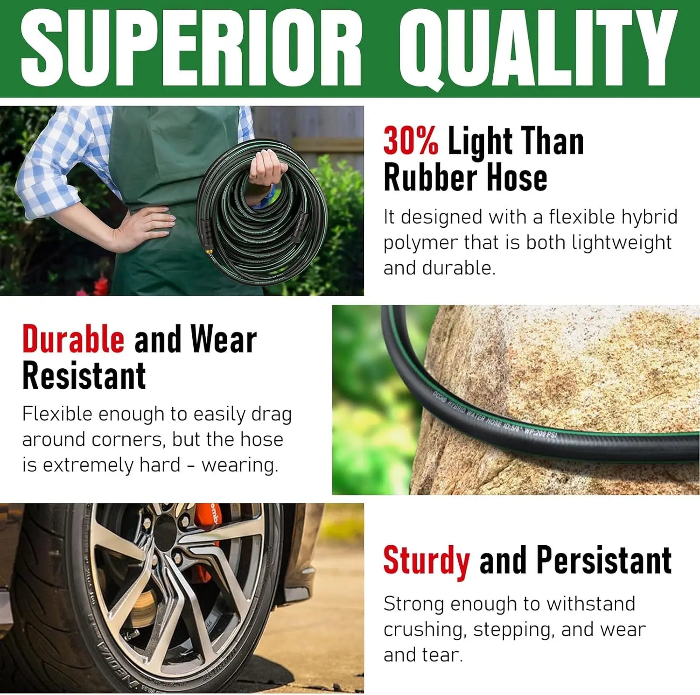 Heavy Duty 25ft Garden Hose, Non-Expandable Flexible Water Hose, Kink Resistant Lightweight Hybrid, Leakproof Fittings