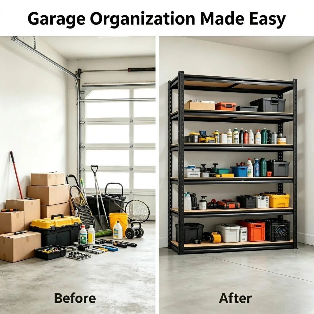 Heavy Duty Metal Storage Rack 5 Tier Adjustable Utility Shelving Unit with MDF Board Garage Organizer Tool Shelf for Basement Warehouse Kitchen Pantry Closet Multi-Purpose Storage Display Rack