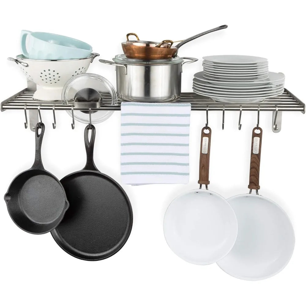 Kitchen Organization and Storage Rack, StainlSteel Metal Wall Shelf with 10 S Hooks for Hanging Pots and Pans, Chrome
