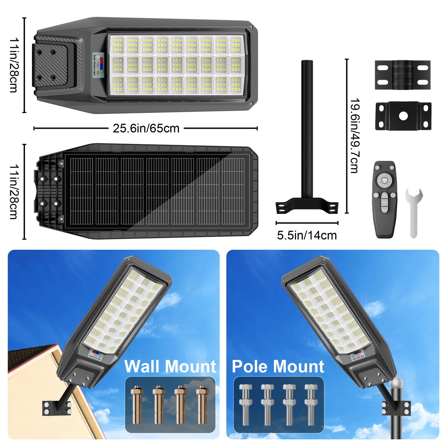1-Pack 8000W Outdoor Waterproof Solar Light, Motion Sensor & Remote Control, Timer & Constant Bright Mode, Dusk-to-Dawn Auto On/Off, IP65 Waterproof, Easy Installation, Ideal for Yard and Parking Lot