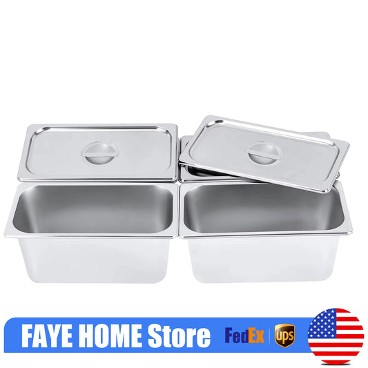 Steam Table Pan, 4-Pack 1/3 Size 6 Inch Steam Table Pans with Lids, 32.5x17.5x15cm Stainless Steel Food Pan