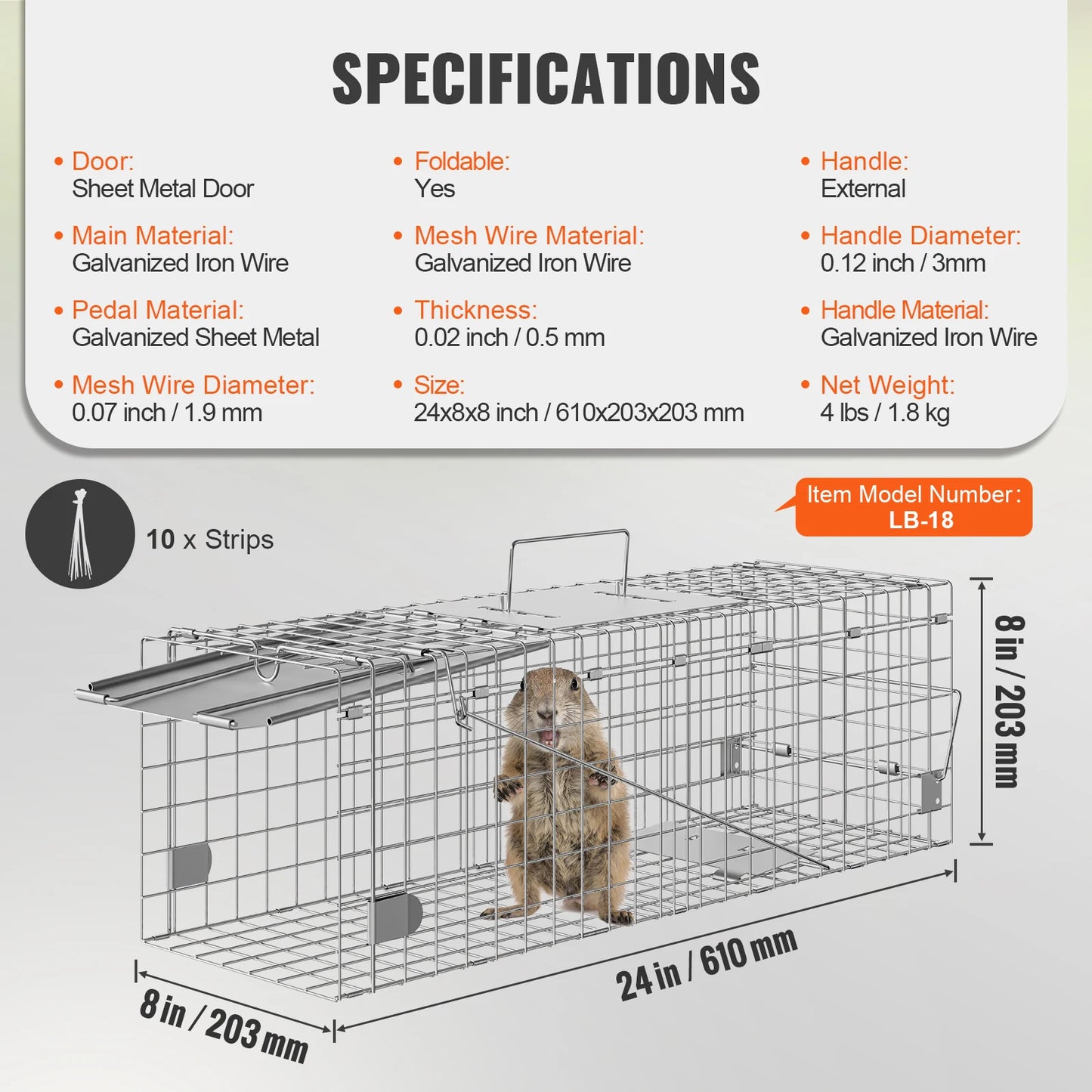 Live Animal Cage Trap Humane Cat Rodent Control Folding with Handle for Stray Cats Rabbits Squirrels Raccoons Groundhog