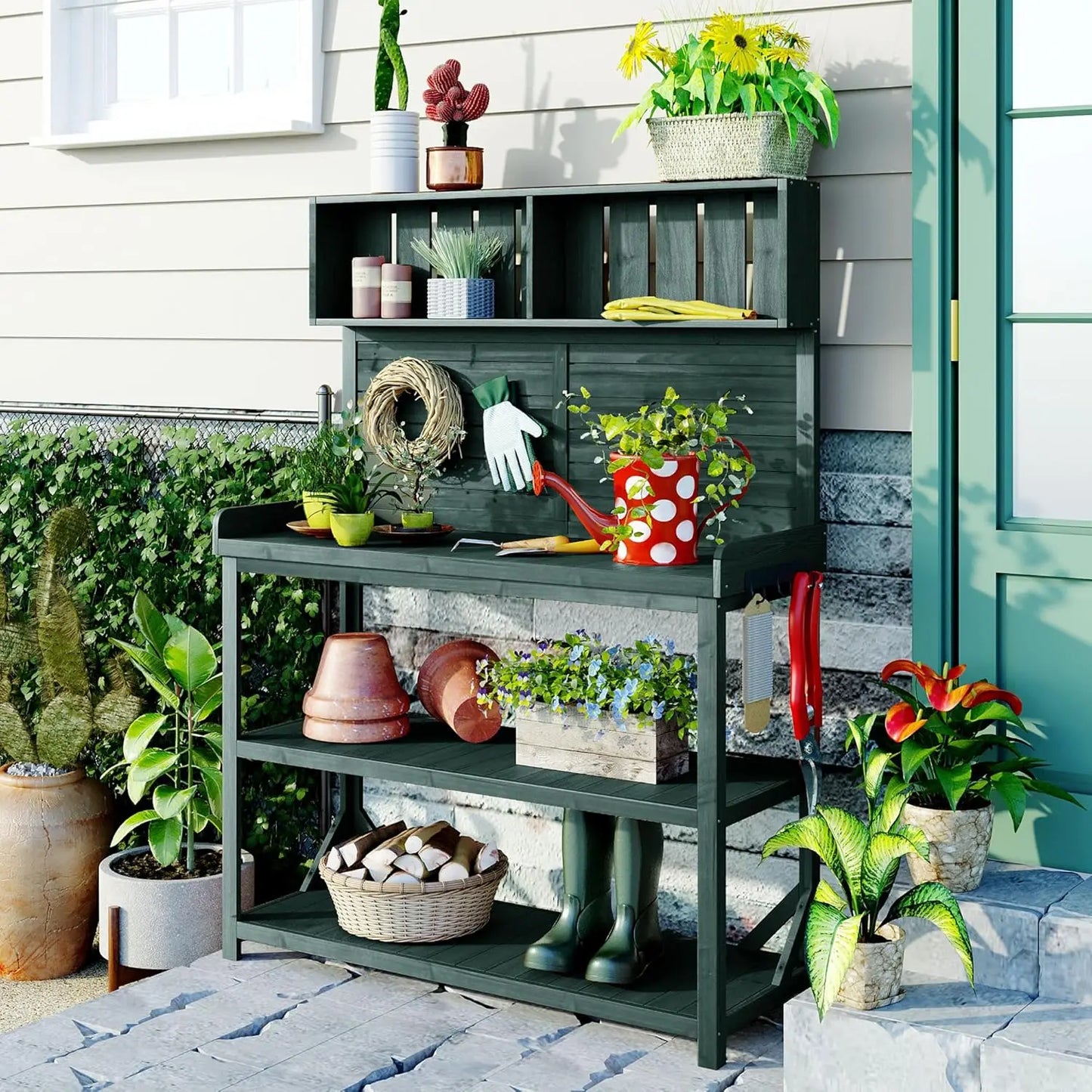64.9"H Outdoor Potting Bench Table, Outdoor Wood Workstation Table with Lockable Wheels, Stainless Steel Top, Towel, Customized