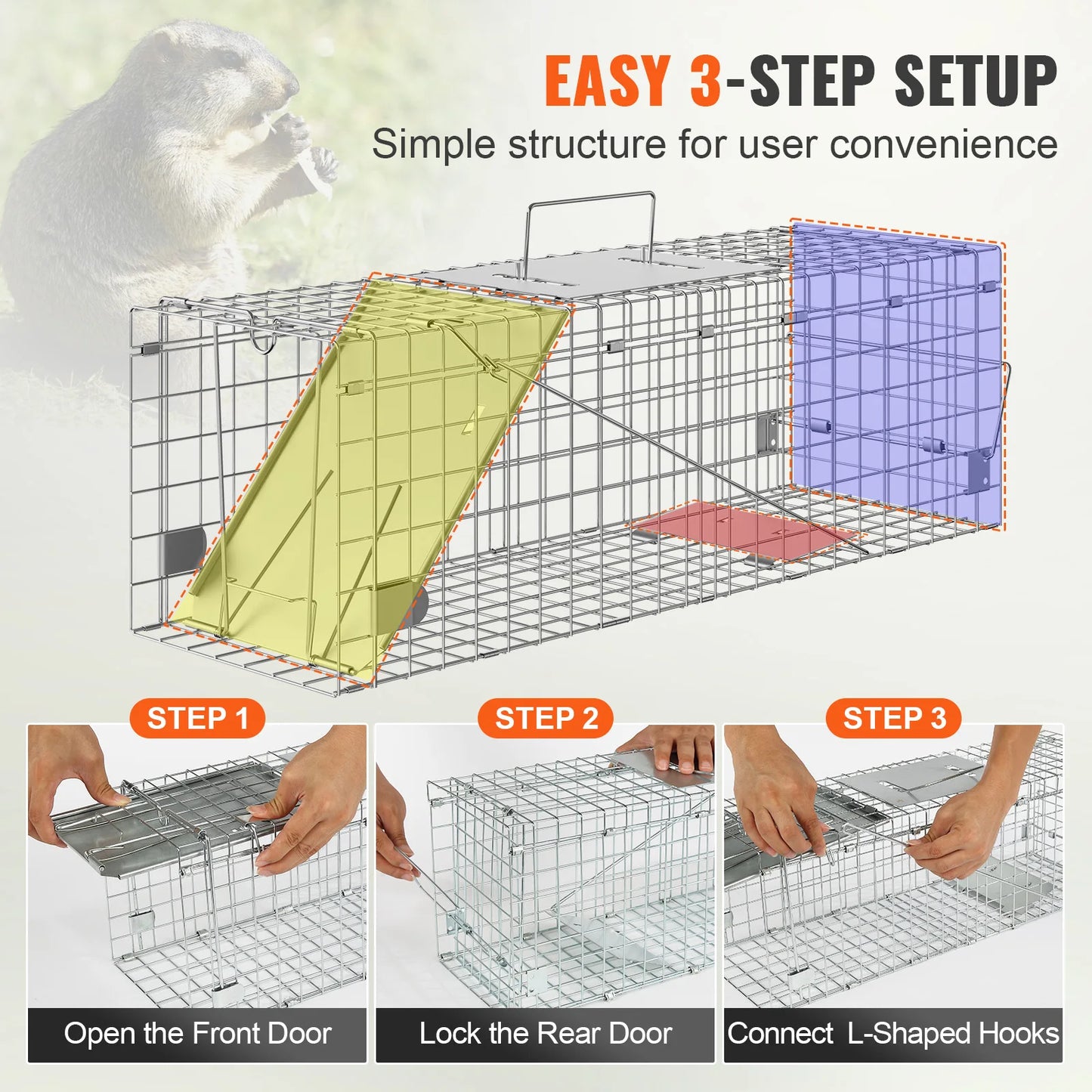 Live Animal Cage Trap Humane Cat Rodent Control Folding with Handle for Stray Cats Rabbits Squirrels Raccoons Groundhog