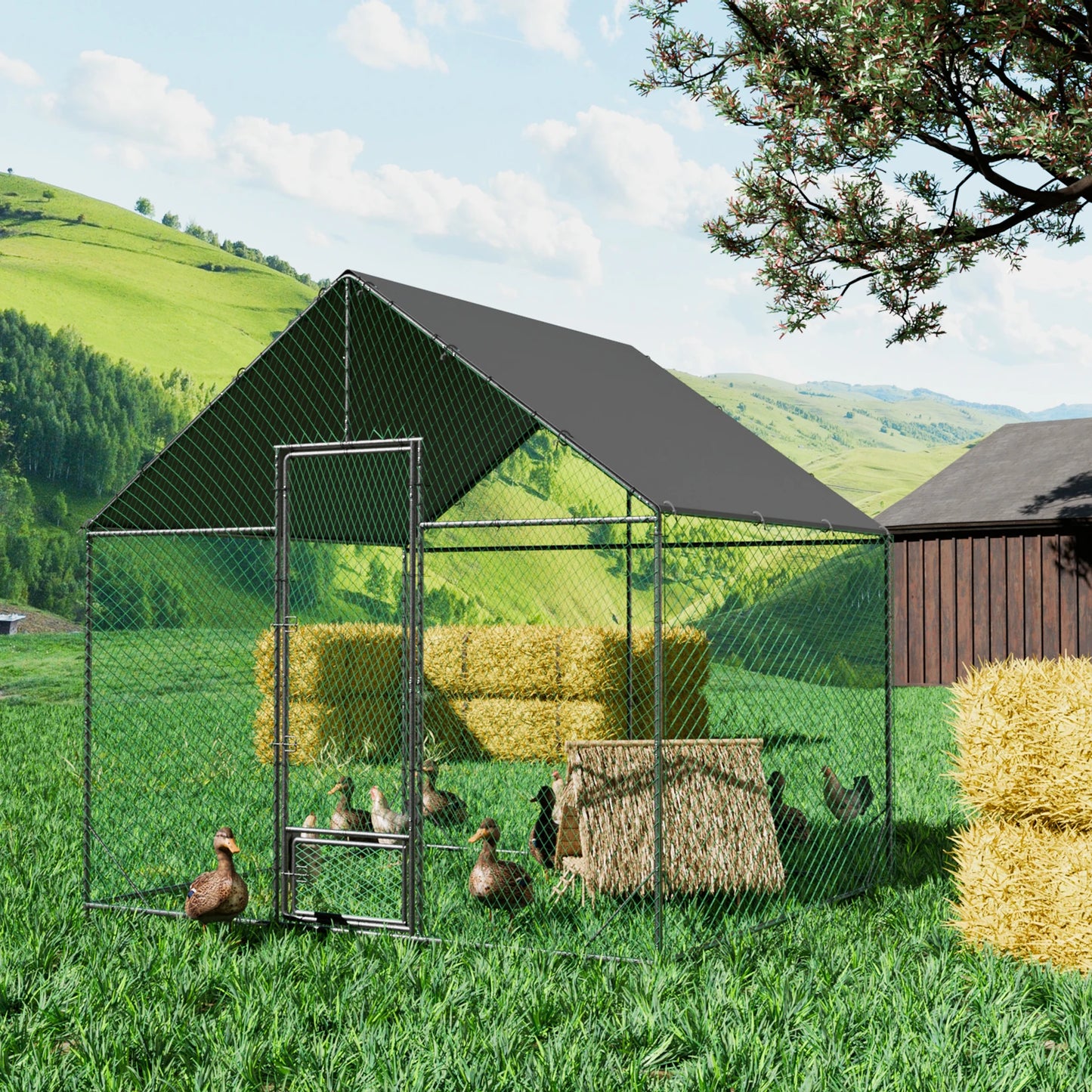 Large Walk-in Chicken Coop Walk-in Poultry Chicken Run Nylon Netting Metal Tubes Poultry Enclosure with Waterproof Anti-UV Cover and Security Door, Ideal for Rabbit, Duck, Backyard and Farm Yard