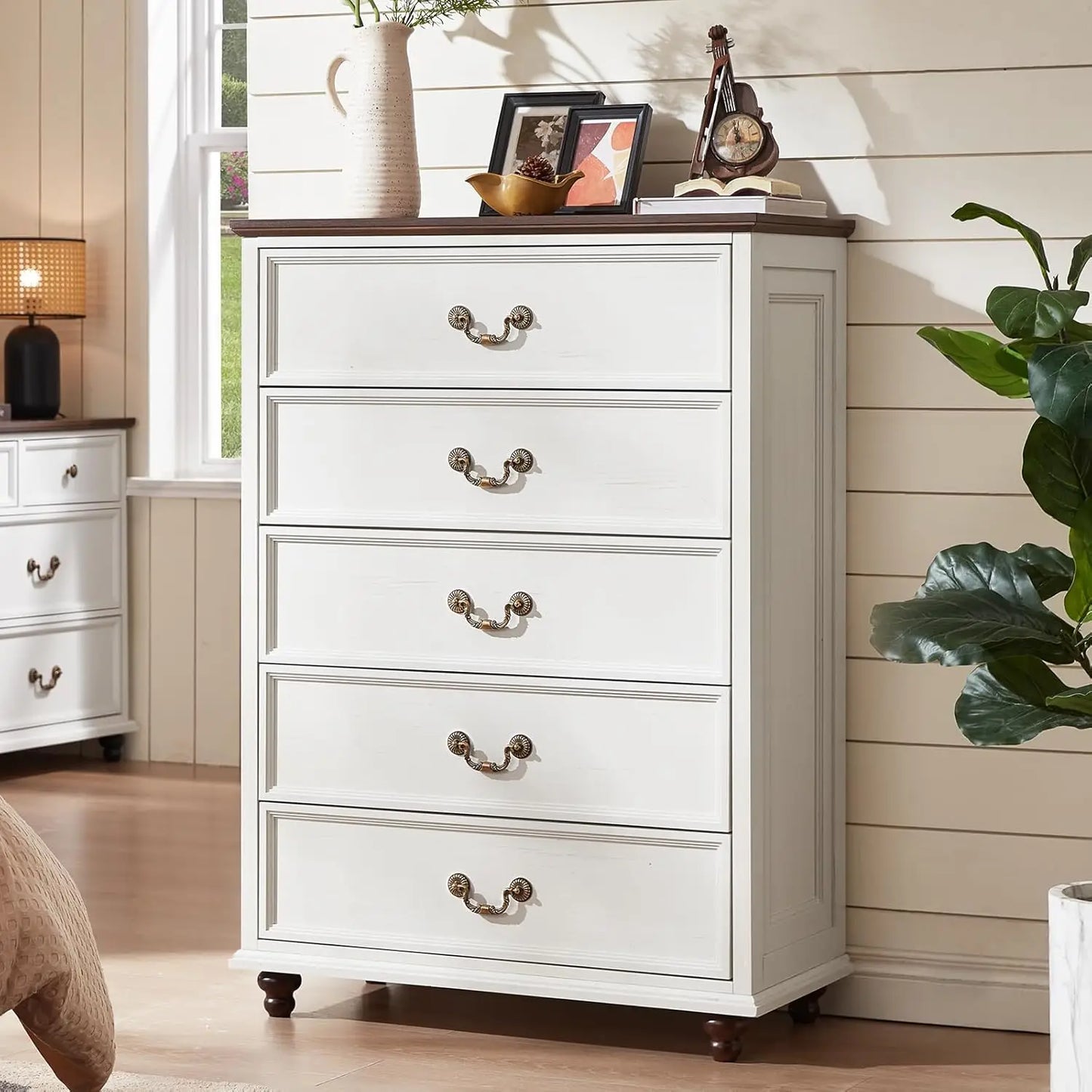 Farmhouse 5 Drawer Dresser for Bedroom, 45" Tall Rustic Chests of Drawers w/ 4 Solid Wood Feet, Mid Century Modern, Customized