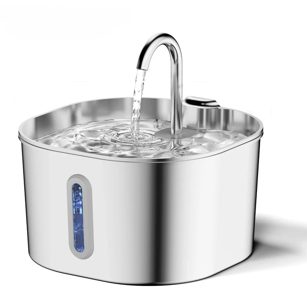 2.2L Automatic Cat Water Fountain Square Stainless Steel Pet Water Feeder Dog Water Fountain with Window（No 5V 1A Plug）