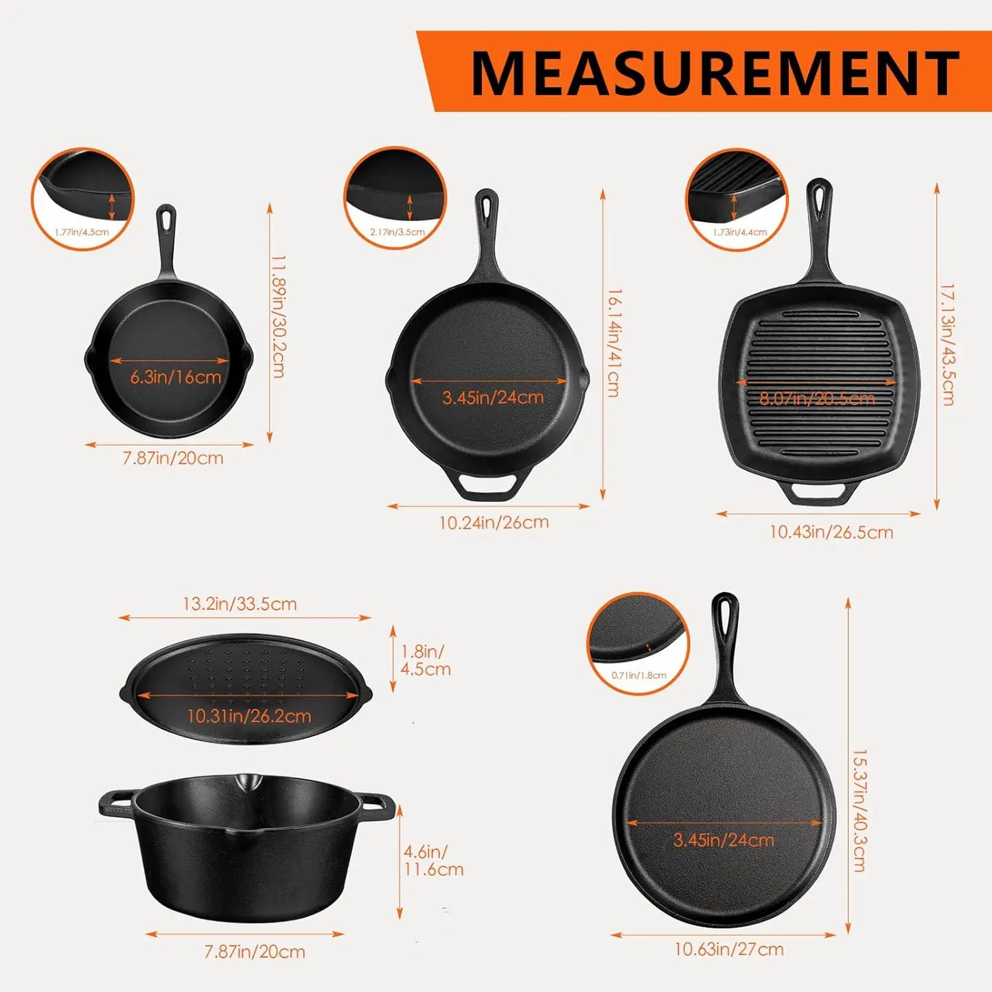 6 Piece Pre-Seasoned Cast Iron Cookware Set – Incl. 5QT Dutch Oven with Lid, 8'' and 10.25'' Cast Iron Skillets, 10.5'' Round Gr