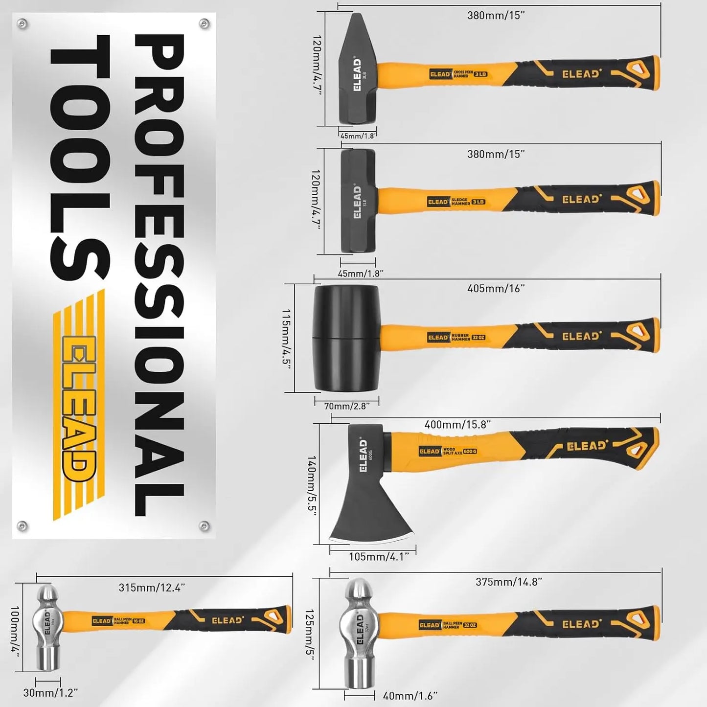 6-Piece Mallet Hammer Set, 32oz Rubber & Ball Peen Hammers, 16oz Ball Peen, 3LB Sledge & Cross Peen, 600g Wood Split Ax