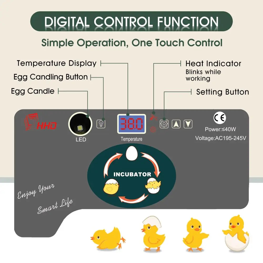 12 Egg Incubator - Automatic Egg Turner, Temperature Control, Built-in Candler, Auto Water Refill for Hatching Chicken, Duck, Qu