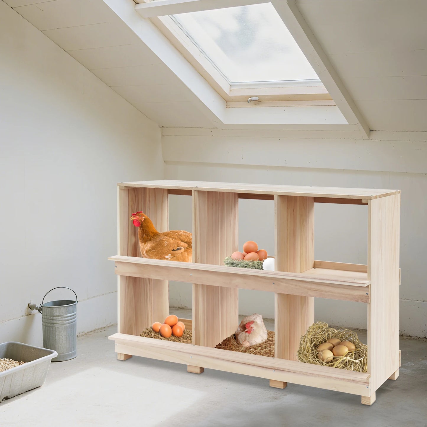 6 Compartment Wooden Chicken Nesting Box Solid Log Wood Impact Wear Resistant Stable Rectangular Frame 6 Hole Timber Hen Laying Crate Single 12in Large Cubbies 6 Grid Wood Poultry Egg Laying House For Backyard Farm Hatchery