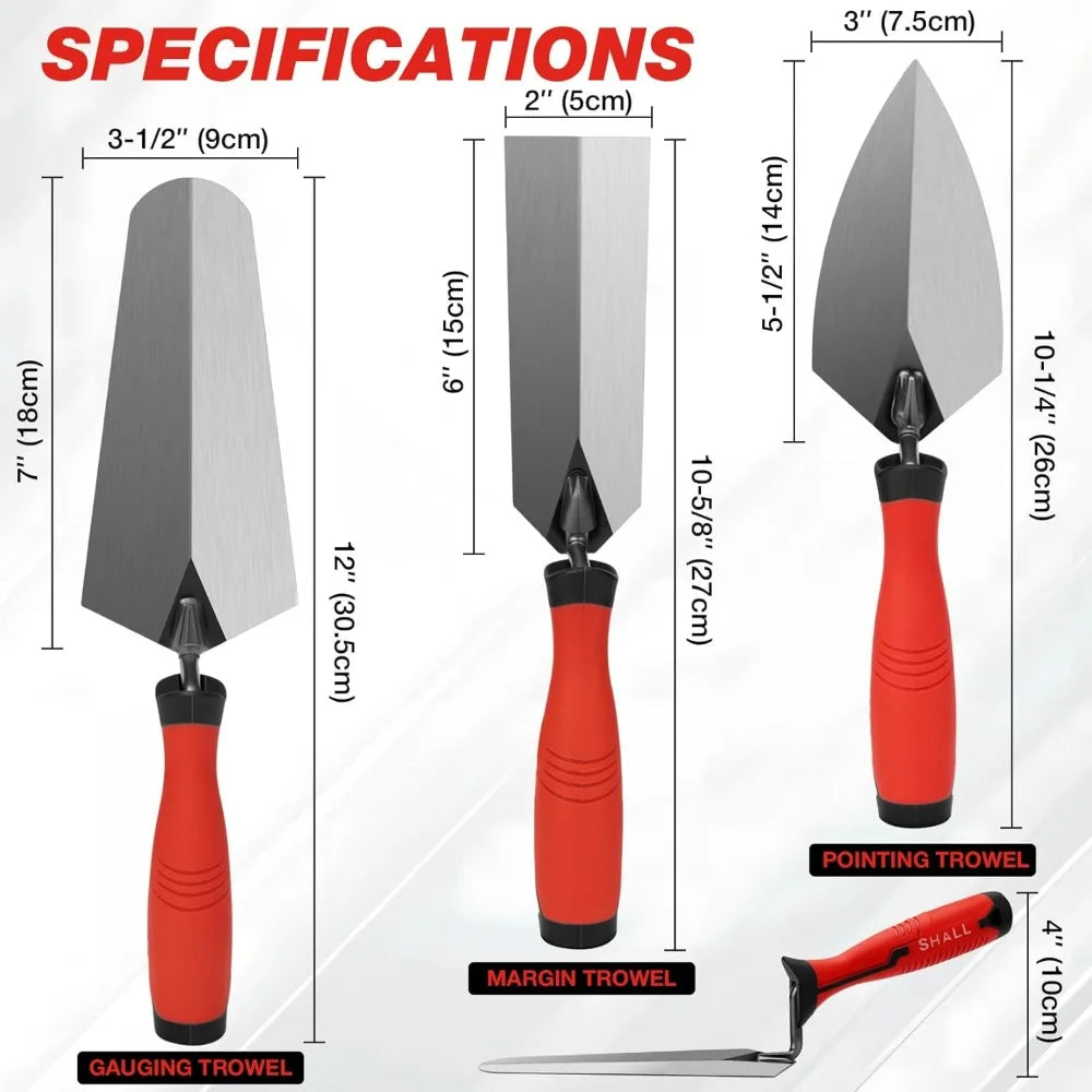 3-Piece Masonry Trowel Set: 6'' Margin, 5.5'' Pointing & 7'' Gauging Trowel with Soft Grip Handle for Concrete, Cement, Plaster, Tile Projects