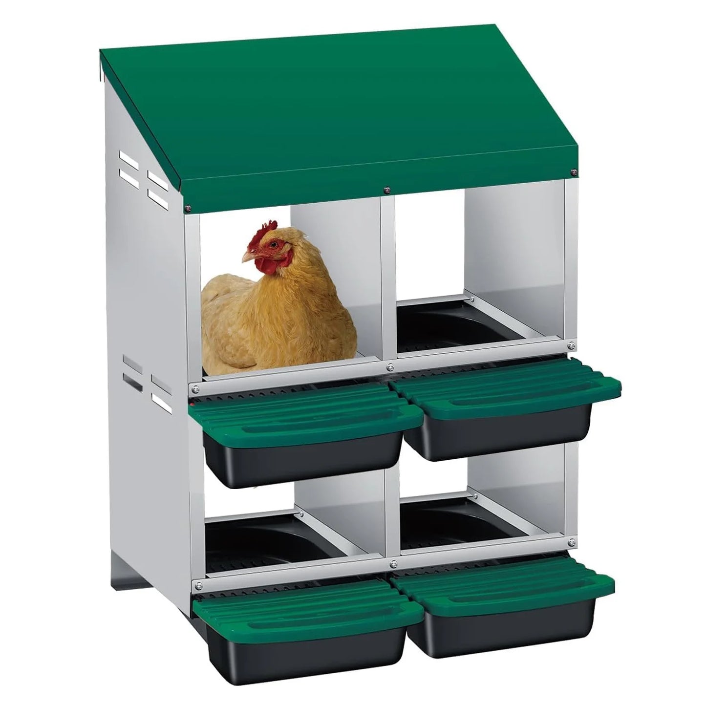 Chicken Nesting Box 4 Compartment Roll Away Design Automatic Roll-Out Egg Collection with Perch Wall Mount for Hens Ducks Rabbit