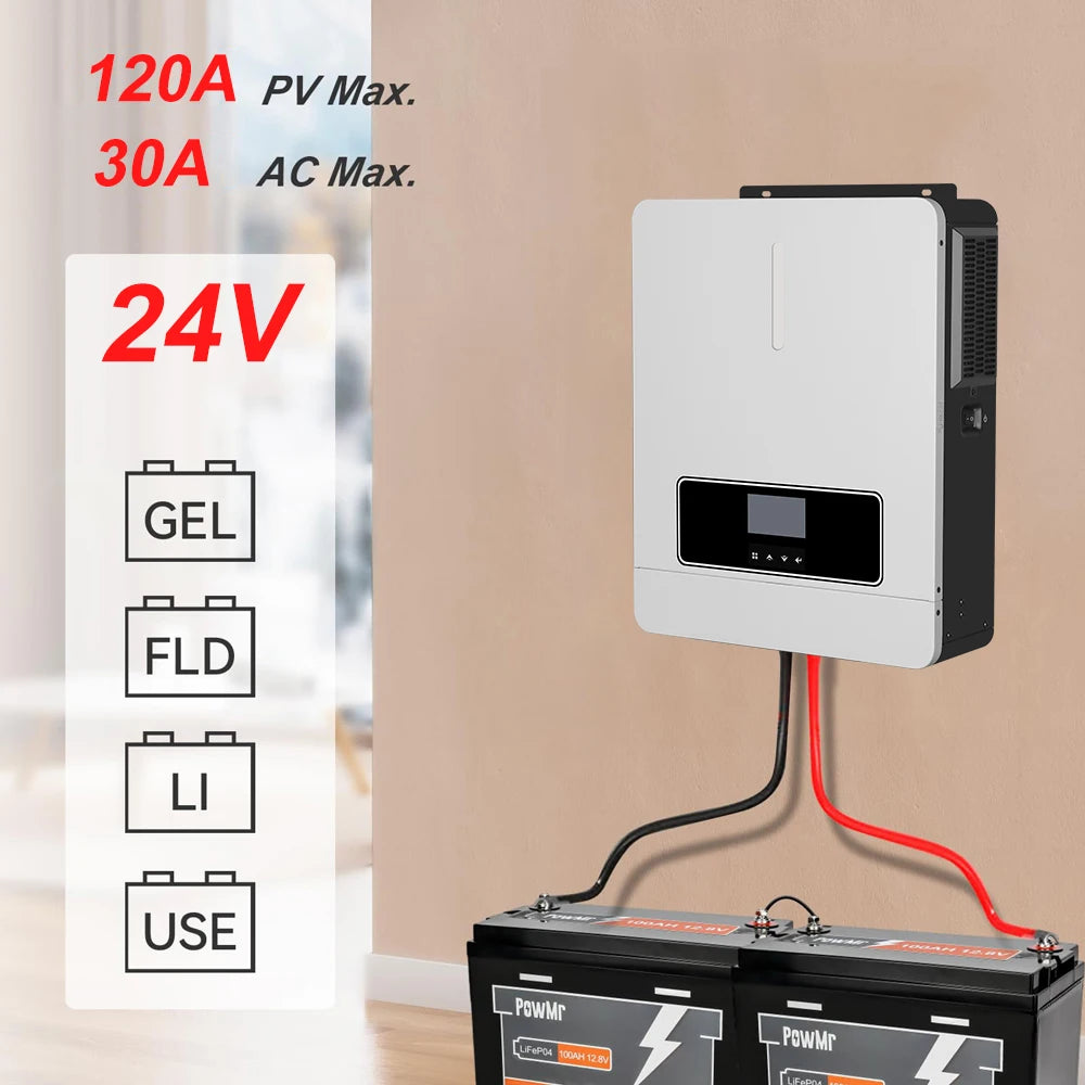 3600W Hybrid Solar Inverter 24V DC to 110V AC Pure Sine Wave With 120A MPPT Charge Controller PV 60-500V Solar & Generator Input