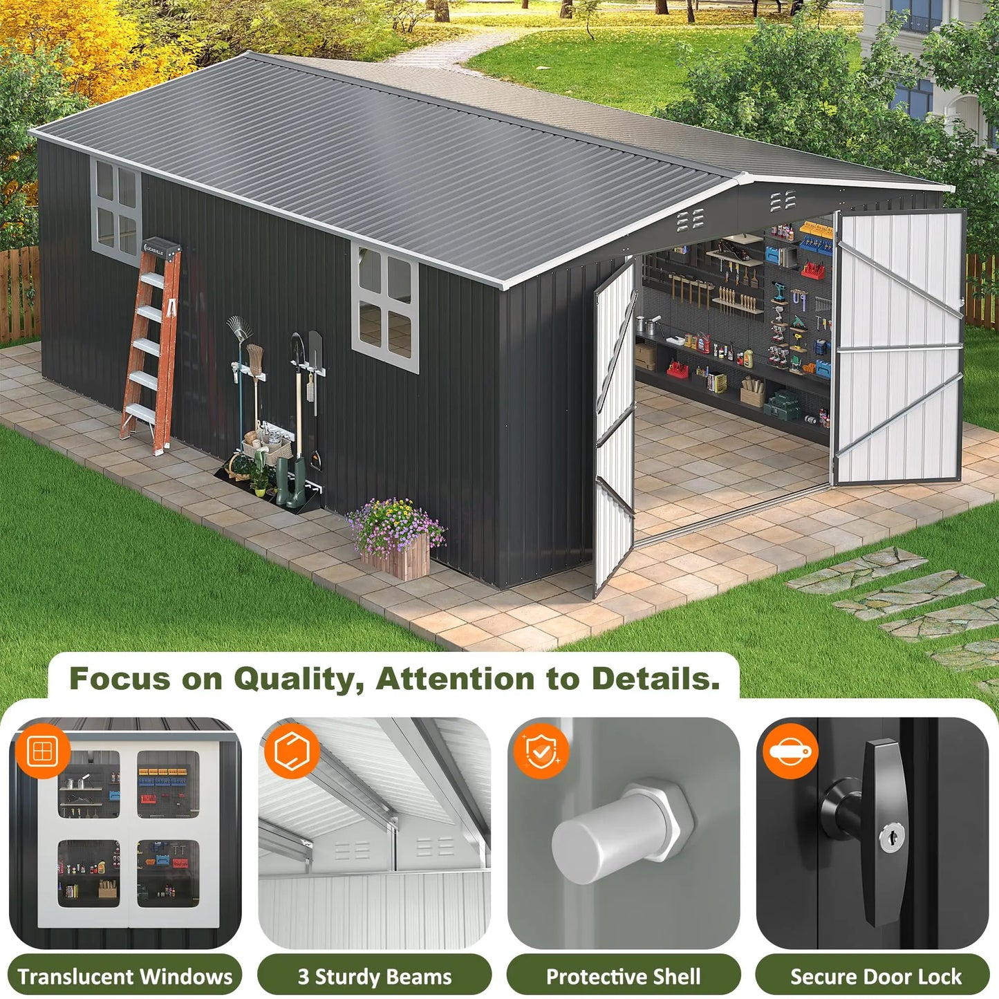 10x10~12x18FT Outdoor Metal Storage Heavy-Duty Frame Shed w/ Lockable Door, Heavy-Duty Tool Shed For Backyard Patio Graden