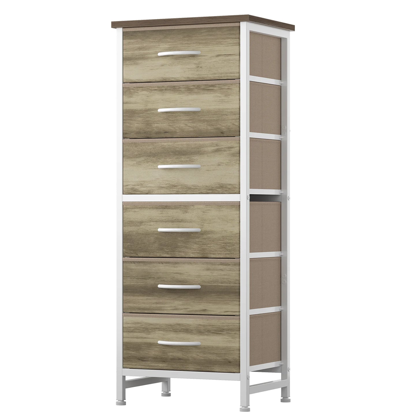 Tall 6 Fabric Drawer Dresser  for Bedroom Wood Top and Metal Frame Skinny Chest of Drawers Narrow Storage Tower with Organization Furniture