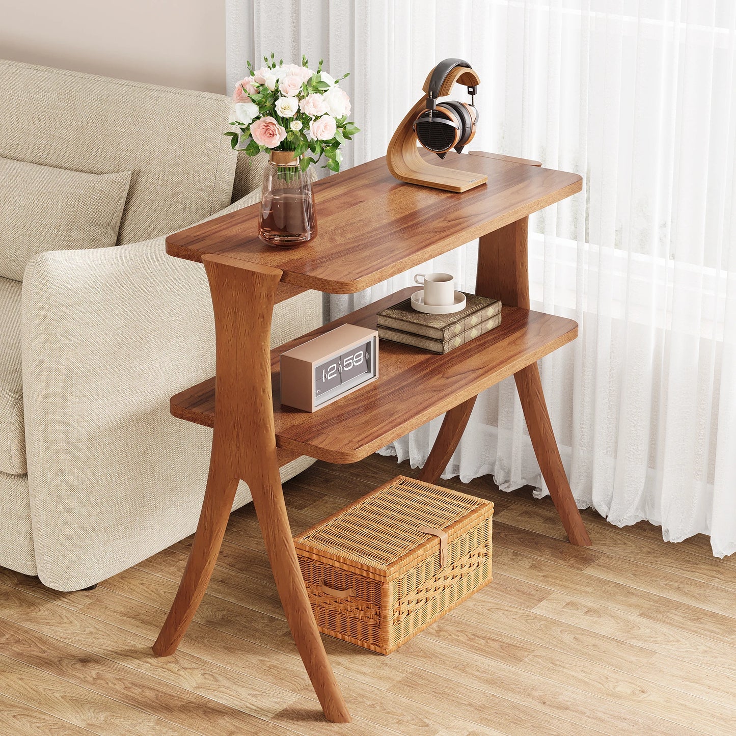Walnut Side Table for Living Room, Narrow End Table with 2-Tier Storage Shelf and Solid Wood Legs, Slim Bedside Table