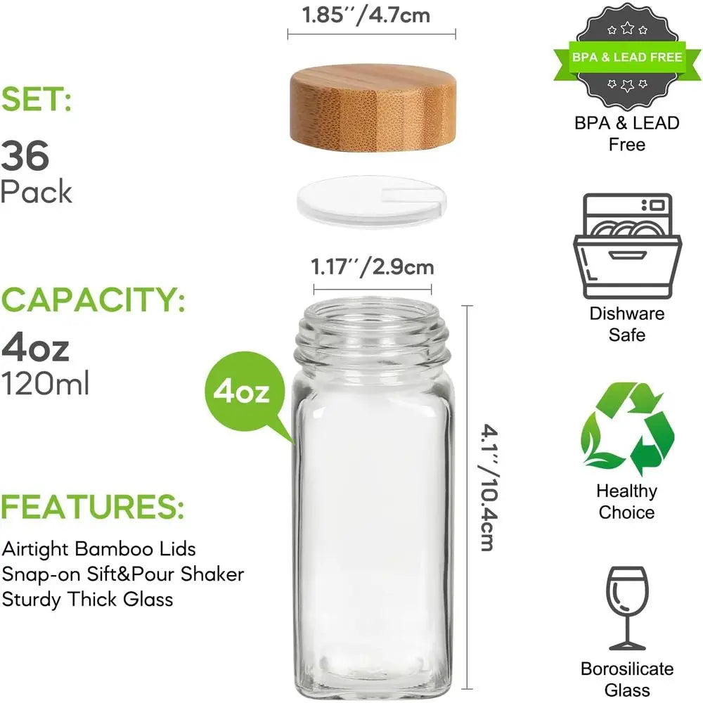36 Pack 4 oz Glass Spice Jars with Bamboo Lids, Empty Square Containers with 319 Blank & Printed Spice Labels, Collapsibleunnel