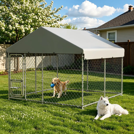 Heavy Duty 7.5x7.5x6.6 FT Outdoor Dog Kennel With Roof Cover, Lockable Feeding Door Dog Run For Large Dogs