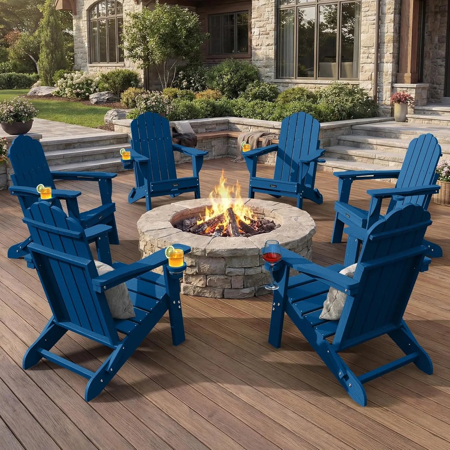 Adirondack Chairs Set of 6, Fire Pit Chairs, Wood Texture Patio Chairs with 2 Cup Holder, Outdoor Lawn Chair, Teak, Customized