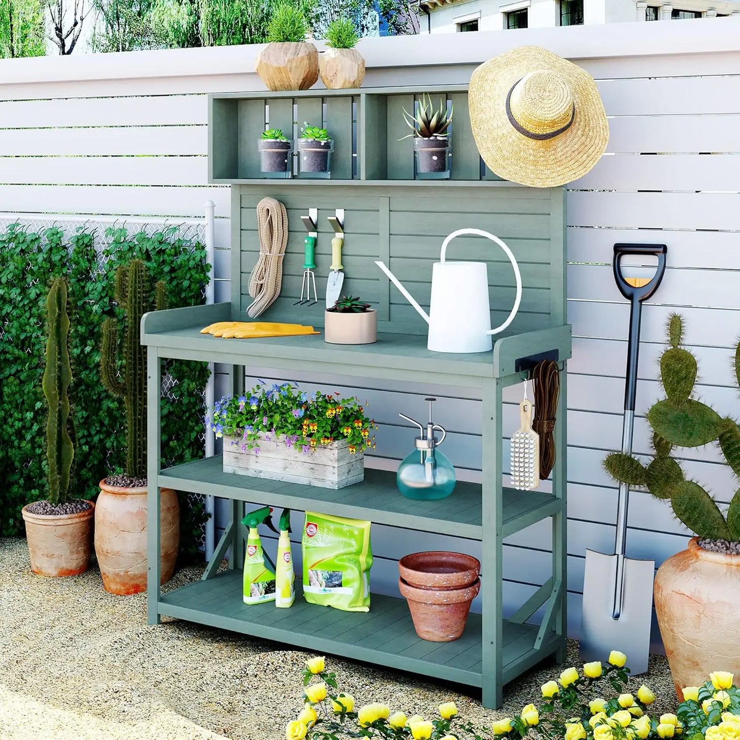 64.9"H Outdoor Potting Bench Table, Outdoor Wood Workstation Table with Lockable Wheels, Stainless Steel Top, Towel, Customized