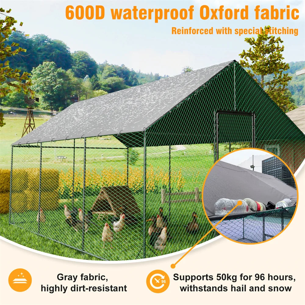 Large Walk-in Chicken Coop Walk-in Poultry Chicken Run Nylon Netting Metal Tubes Poultry Enclosure with Waterproof Anti-UV Cover and Security Door, Ideal for Rabbit, Duck, Backyard and Farm Yard