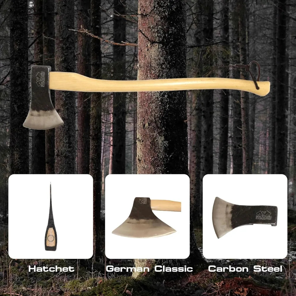 Axes Professional C45 Forged Carbon Steel Hatchet - Hickory Handle with Leather String - Ideal for Firewood, Splitting