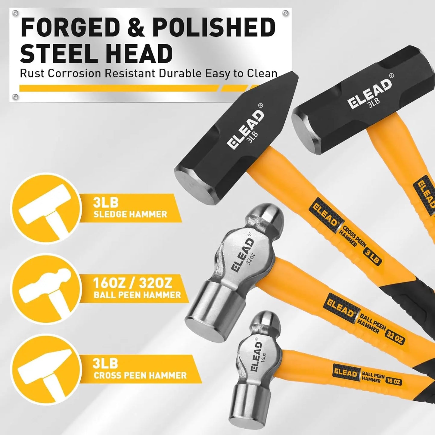6-Piece Mallet Hammer Set, 32oz Rubber & Ball Peen Hammers, 16oz Ball Peen, 3LB Sledge & Cross Peen, 600g Wood Split Ax
