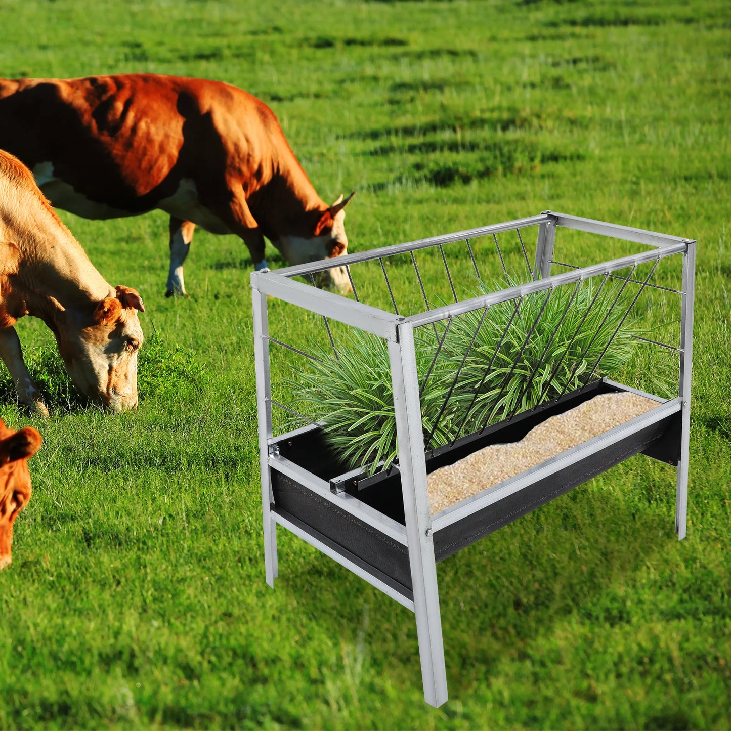100*65*85cm Livestock Feed Trough 2 in 1 Grain Hay Iron Steel Feeder for Goats Sheep Large Capacity Feed Trough