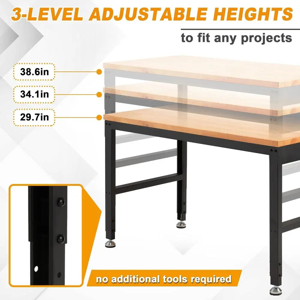 Height Adjustable Workbench 60" 2000 Lbs Capacity Solid Wood Work Station Heavy-Duty Work Tables with Power Outlets for Garage P