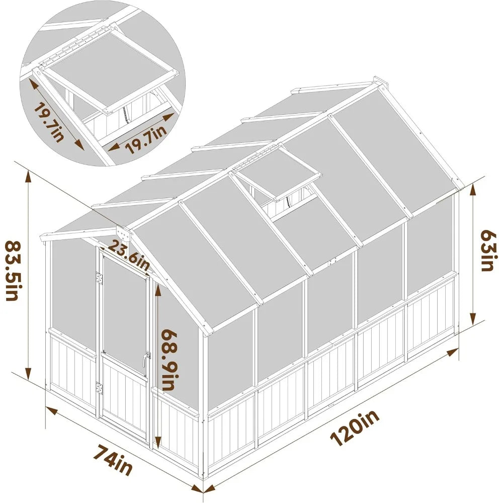 6' x10' Wood Greenhouse for Outdoors with Lockable Door, Cedar Frame & Adjustable Vent, Wooden Green House with 6MM Thick Polyc