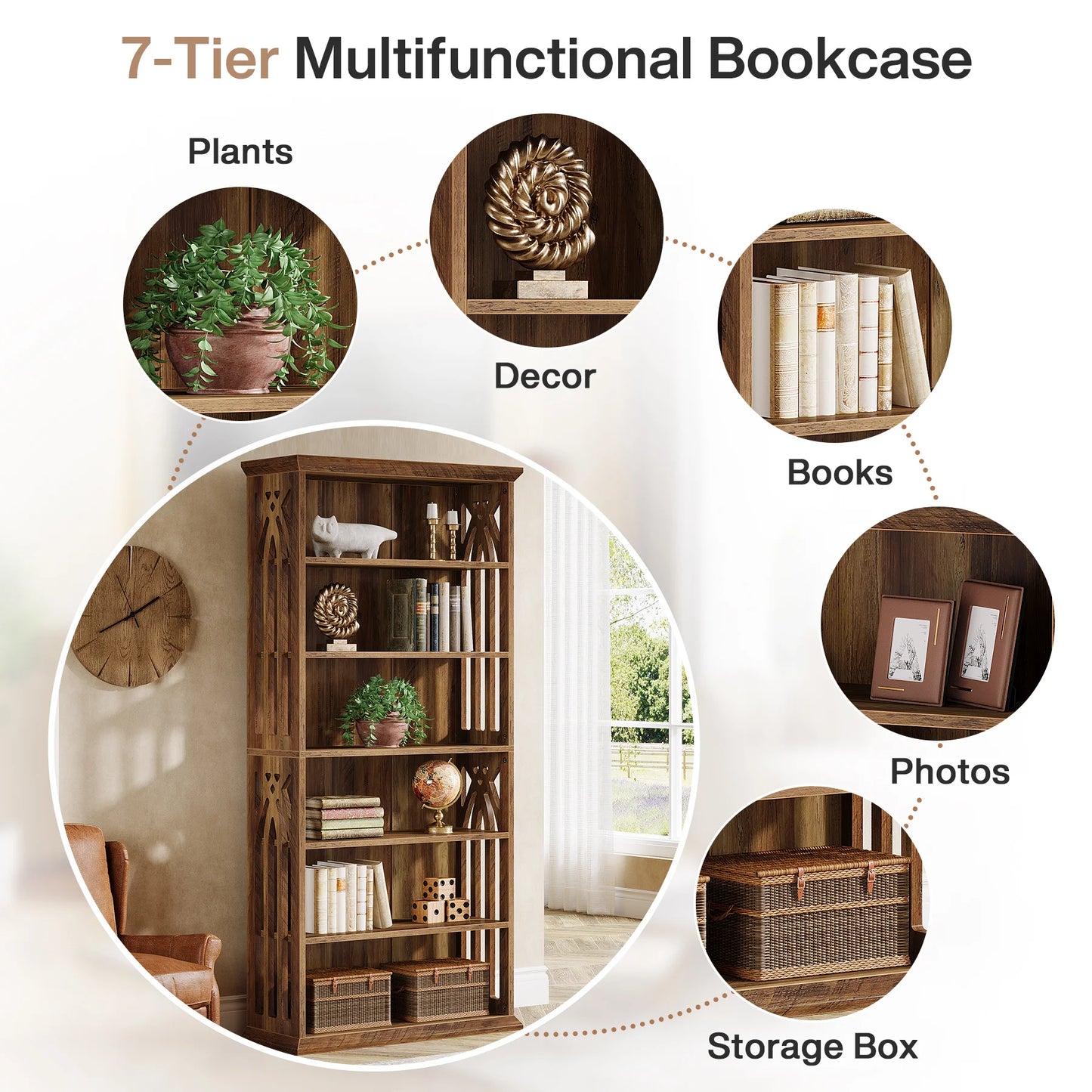 6-Tier Bookshelf, 75-Inch Tall Bookcase, Large Bookshelves and Bookcases Freestanding Display Shelves, Wood Bookshelf