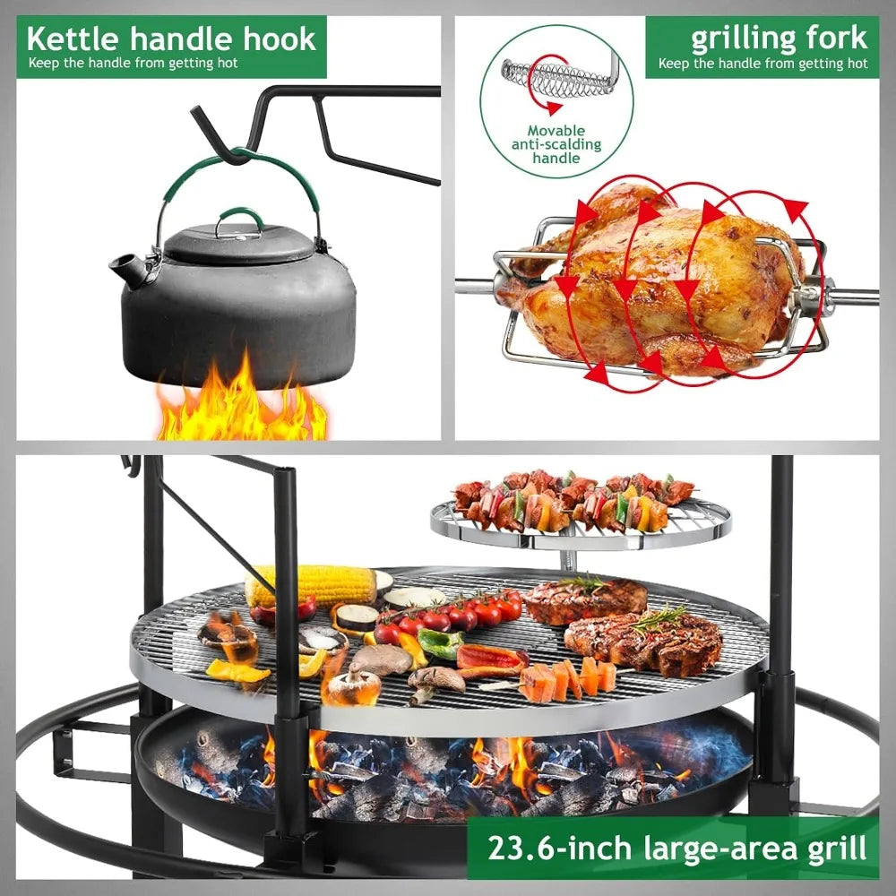 33 Inch Outdoor Fire Pit with Swivel Grills, Wood Burning Firepit for Backyard Patio BBQ