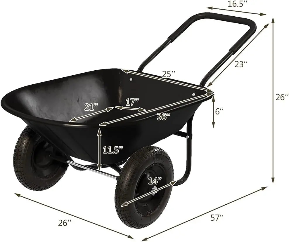 Enlarged 2-Wheel Wheelbarrow, Easy Loading and Dumping Garden Cart, Heavy Duty Utility Dump Cart for Outdoor Lawn Yard Farm Ranc