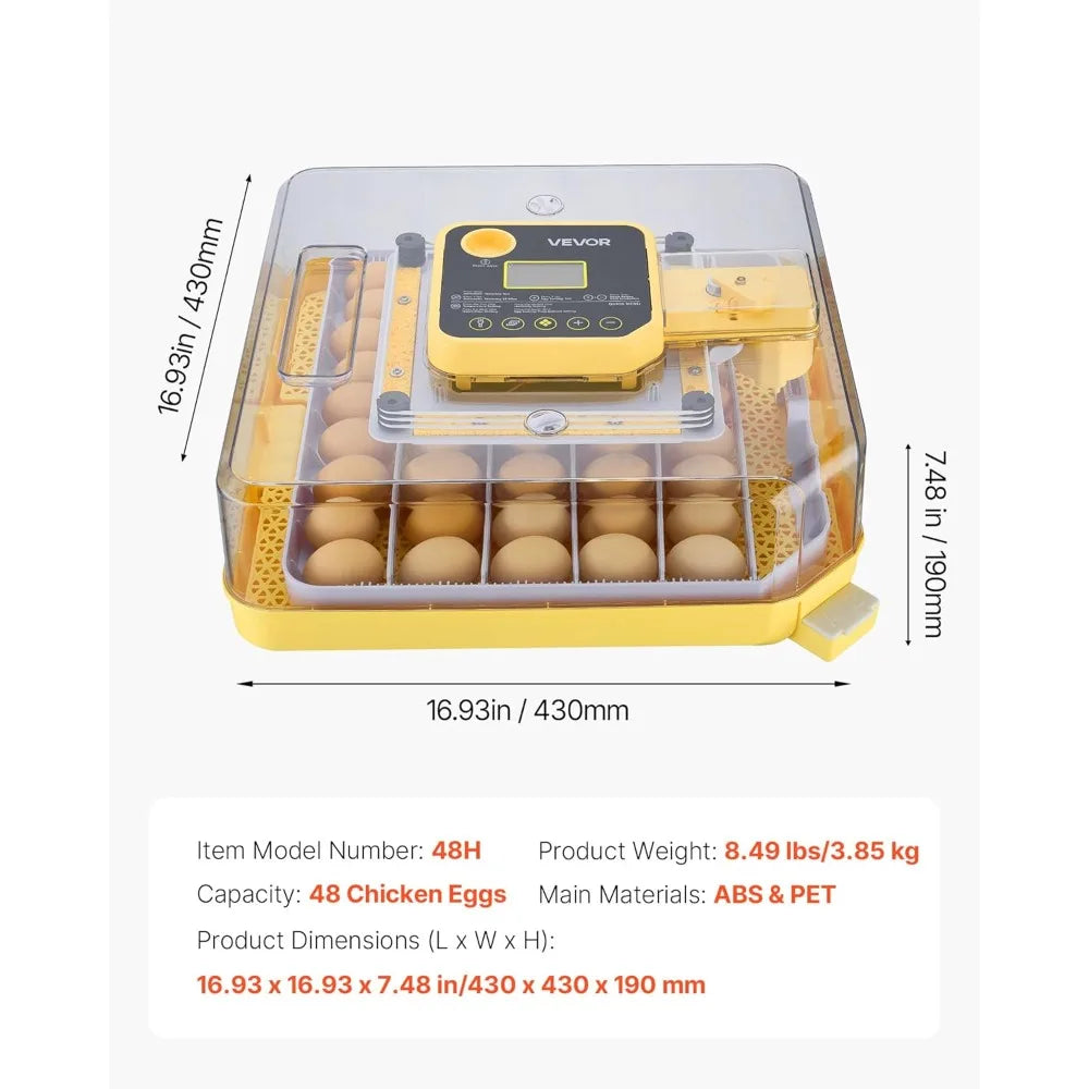 48 Egg Incubator, Automatic Egg Turner with LED Candler, Temperature Display & Auto Humidity Control, 360° View Clear Window