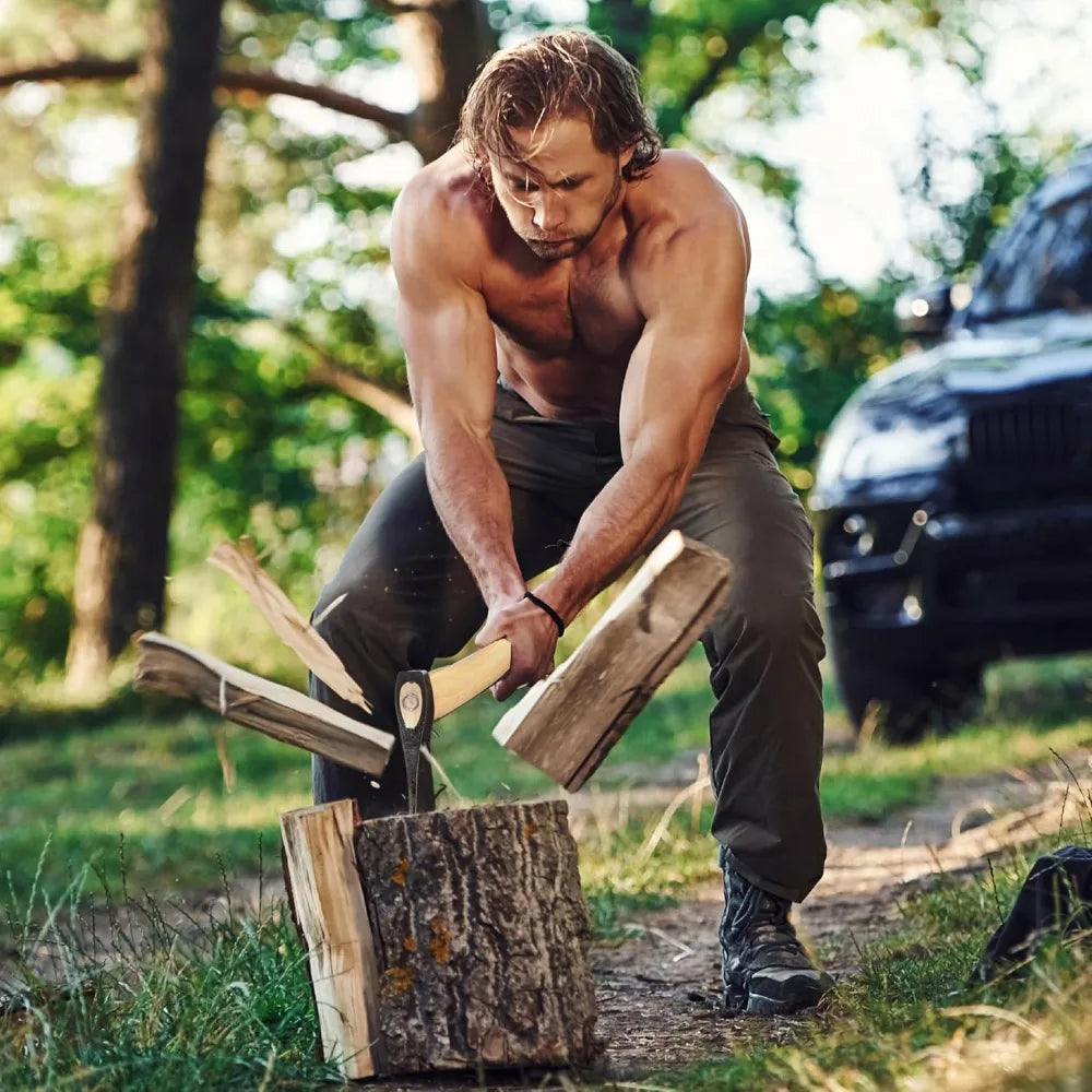 Axes Professional C45 Forged Carbon Steel Hatchet - Hickory Handle with Leather String - Ideal for Firewood, Splitting