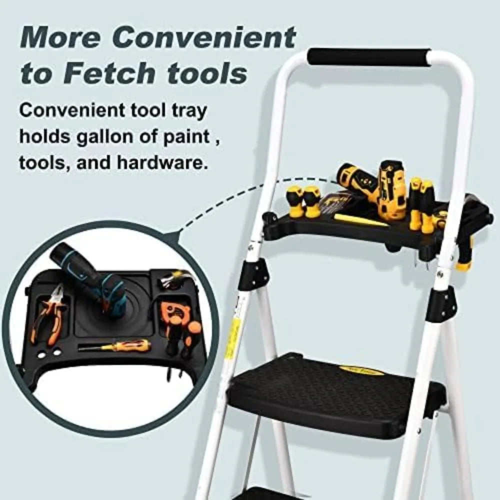 4 Step Folding Ladder with Tool Platform, 330LBS Capacity Steel Step Stool for Home Kitchen Pantry Office