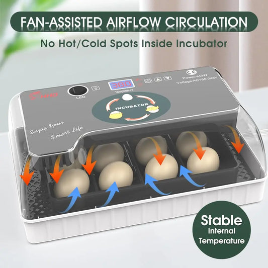 12 Egg Incubator - Automatic Egg Turner, Temperature Control, Built-in Candler, Auto Water Refill for Hatching Chicken, Duck, Qu