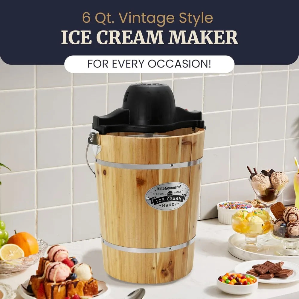 6 Quart Vintage Electric Ice Cream Maker, Bonus Hand Crank, Fast Churning