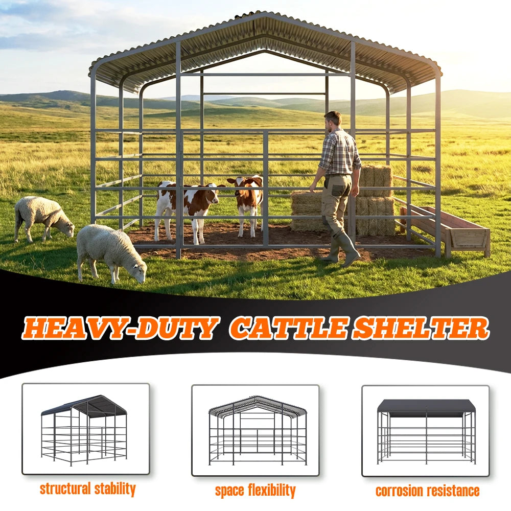 Heavy-duty Metal Livestock Shelter, Spacious 13 X 13ft Design, No. 13 Steel Frame for Wind Resistance, Durable Galvanized Steel