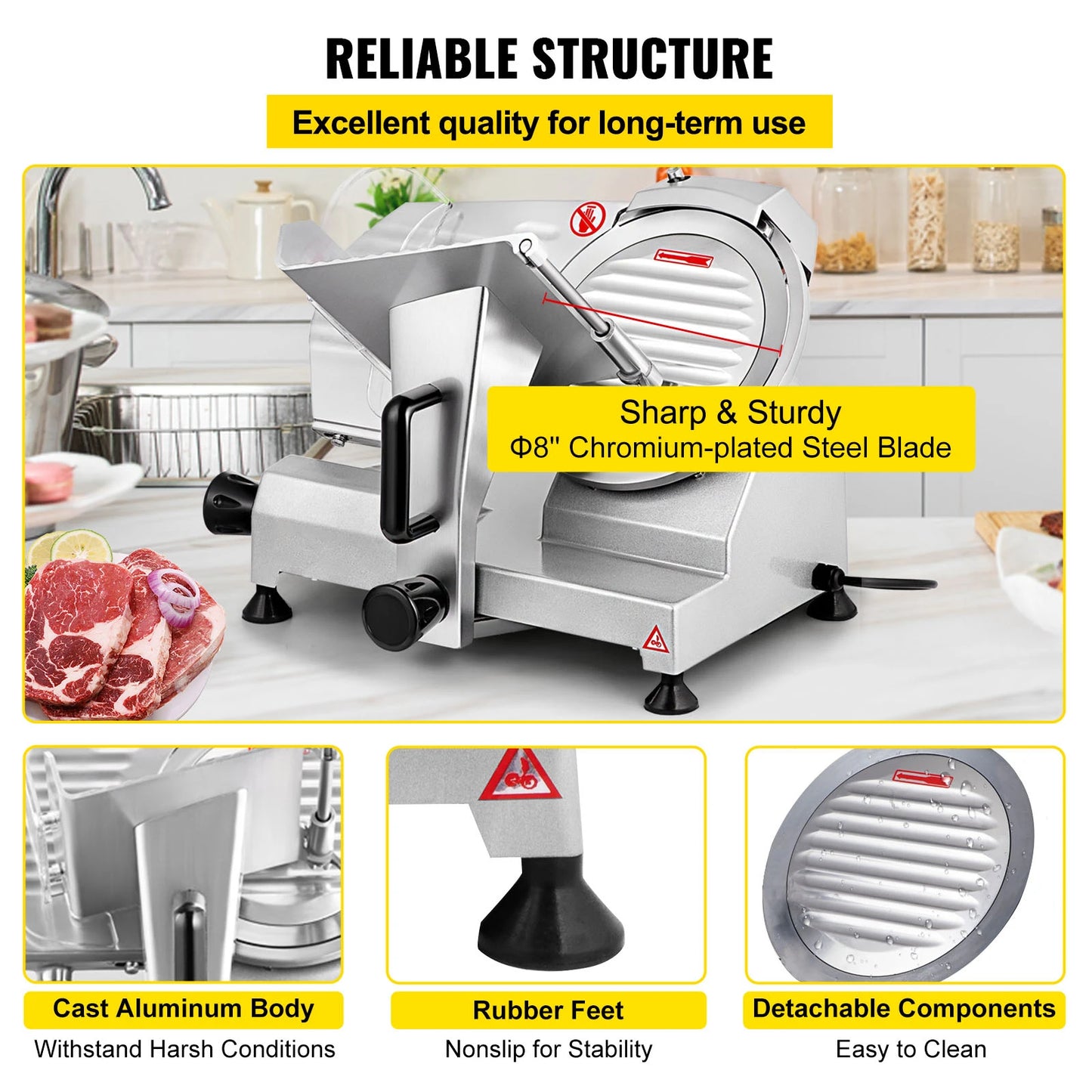 Meat Slicer 8/10inch Carbon Steel Blade Electric Deli Food Slicer Adjustable Thickness Commercial Home Cut Meat Cheese