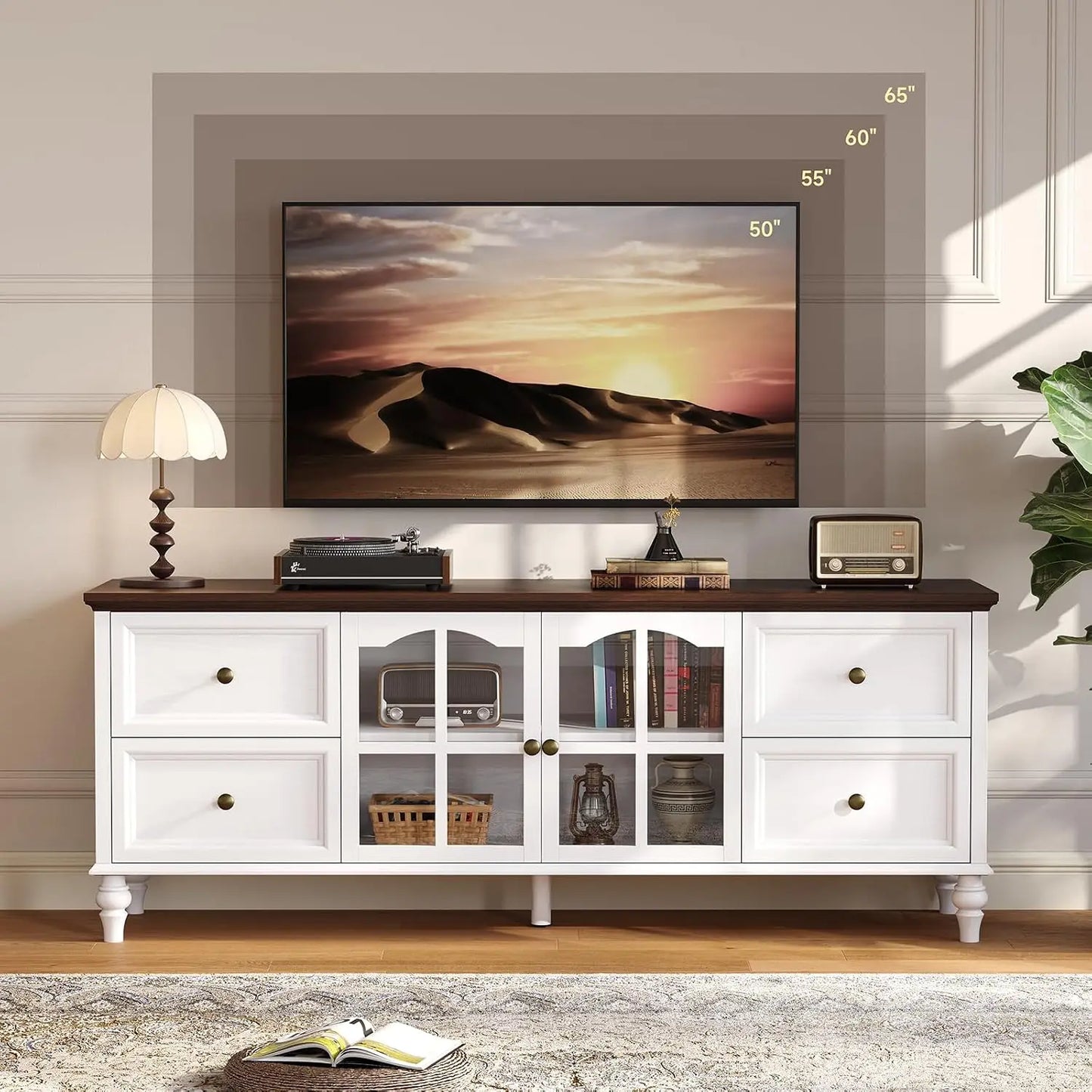 62 Inch Farmhouse Wood TV Stand Entertainment Center with Storage, 4 Drawers & Glass Doors, Adjustable Shelves Media Console for Living Room/Bedroom