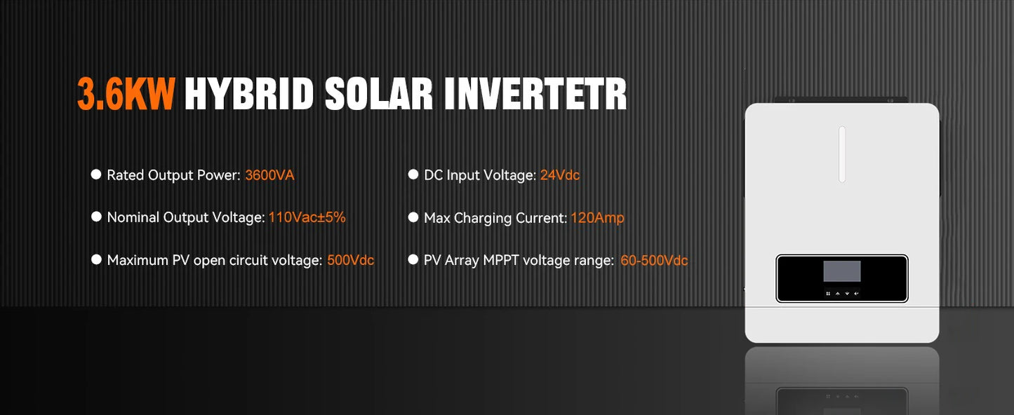 3600W Hybrid Solar Inverter 24V DC to 110V AC Pure Sine Wave With 120A MPPT Charge Controller PV 60-500V Solar & Generator Input